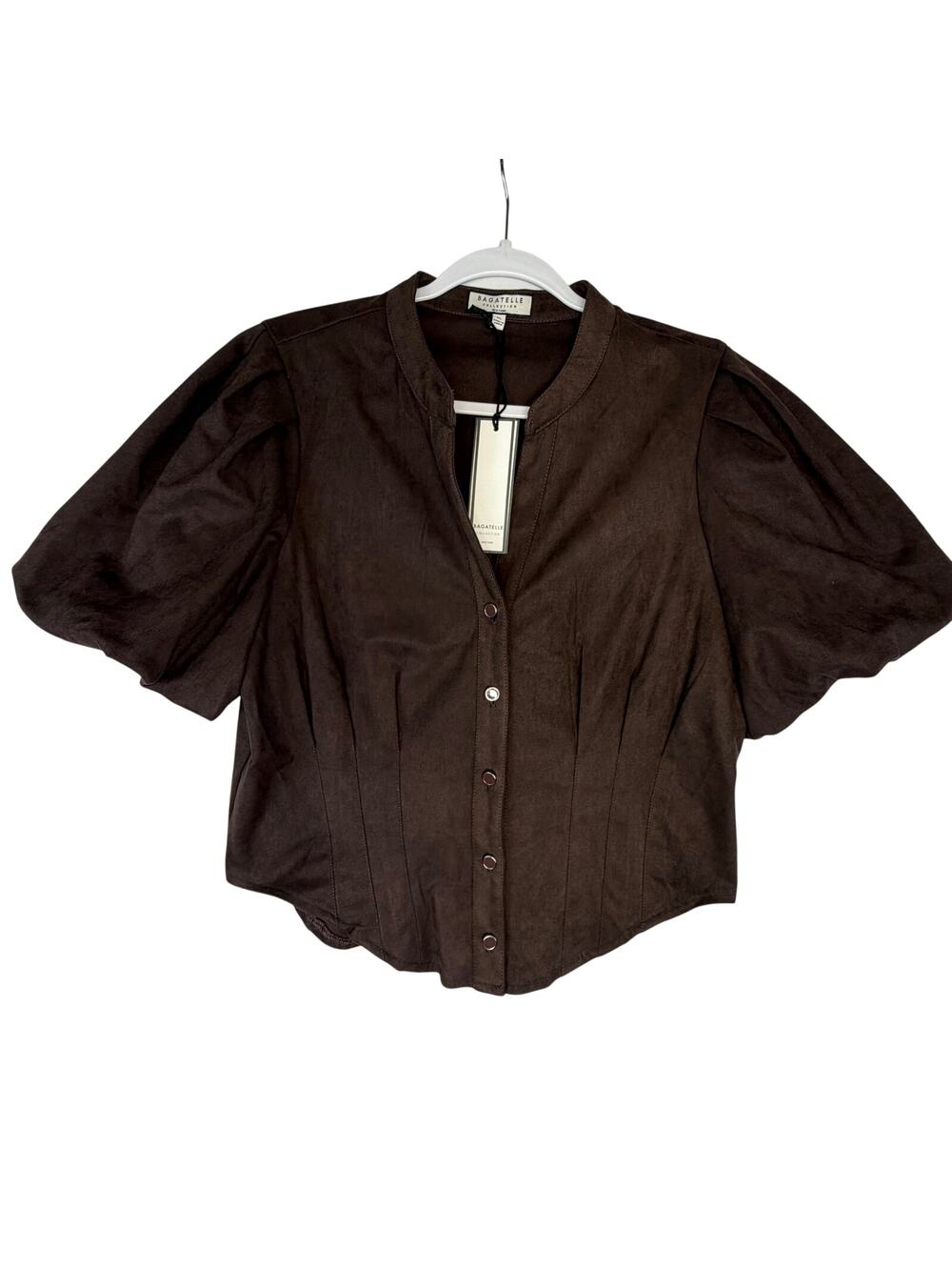 NWT Bagatelle Faux Suede Puff Sleeve Button Blouse Womens Top Size XL Brown